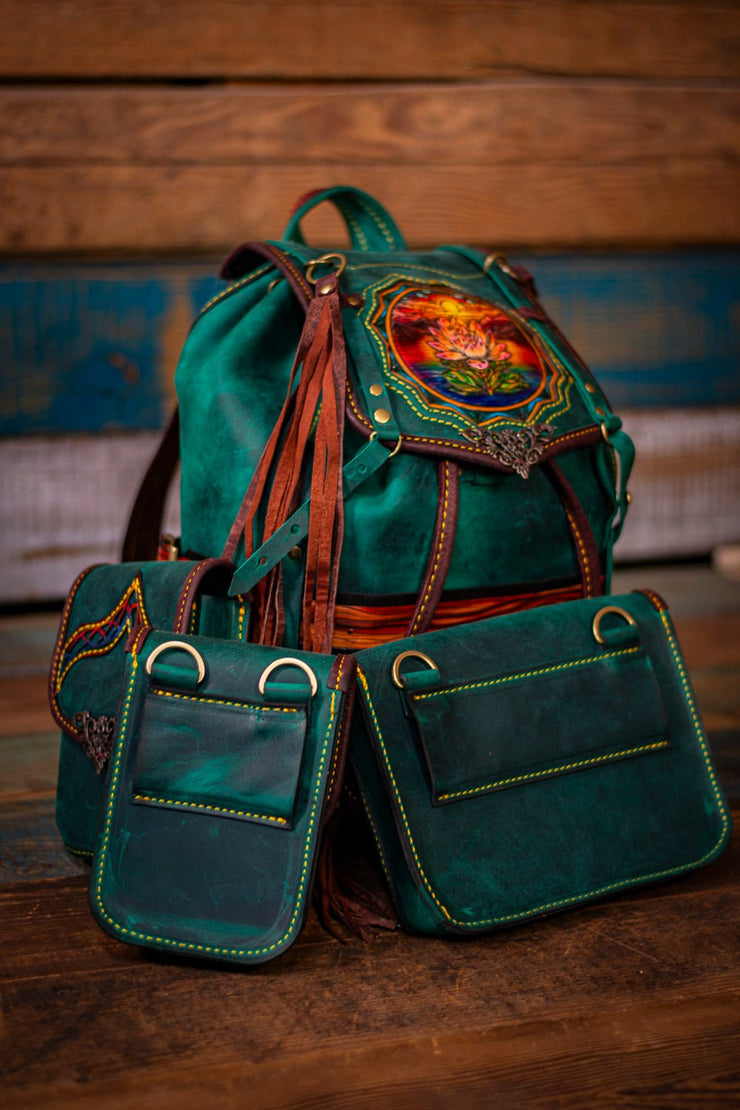 🌿 Handcrafted Emerald Lotus Sunset Leather Backpack - Customizable & Detachable Pockets & Accessories 🌿 - Lotus Leather