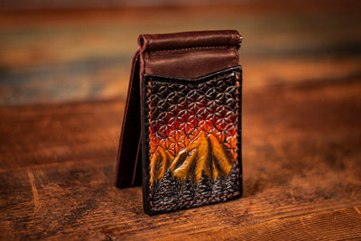 Handcrafted Full Grain Leather Money Clip Wallet - Mountain and Sacred Geometry Design - Minimalist Wallet with Card Slots and ID Holder - Lotus Leather