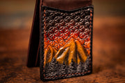 Handcrafted Full Grain Leather Money Clip Wallet - Mountain and Sacred Geometry Design - Minimalist Wallet with Card Slots and ID Holder - Lotus Leather