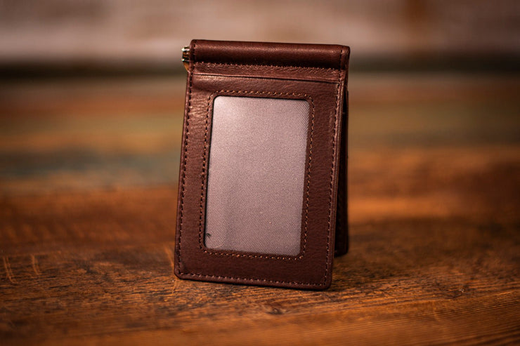 Handcrafted Full Grain Leather Money Clip Wallet - Mountain and Sacred Geometry Design - Minimalist Wallet with Card Slots and ID Holder - Lotus Leather