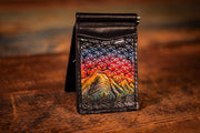 Handcrafted Full Grain Leather Money Clip Wallet - Mountain and Sacred Geometry Design - Rainbow Sunset and Black Minimalist Wallet - Lotus Leather