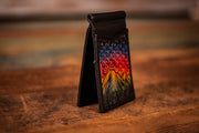 Handcrafted Full Grain Leather Money Clip Wallet - Mountain and Sacred Geometry Design - Rainbow Sunset and Black Minimalist Wallet - Lotus Leather