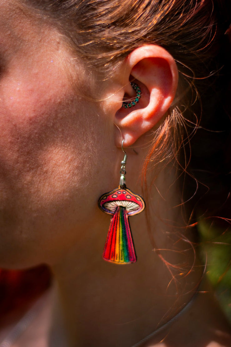 Handcrafted Leather Amanita Mushroom UFO Earrings - Rainbow Light Beams - Psychedelic Mushroom Jewelry - Lotus Leather