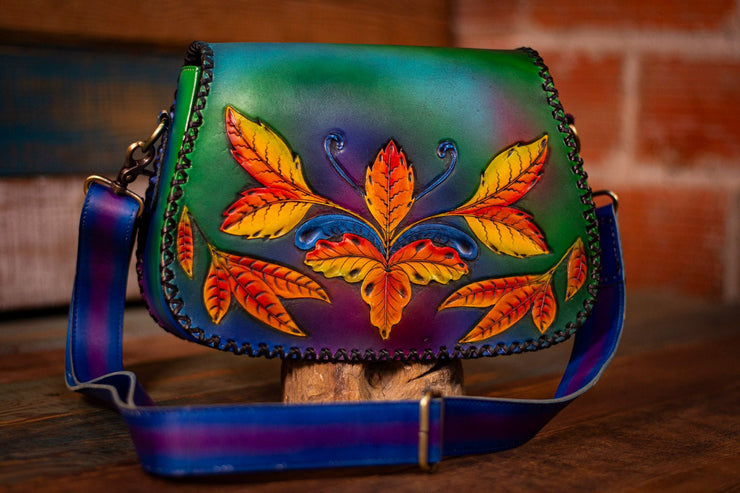 Handcrafted Leather Bag - Green Botanical Design with Adjustable Strap and Suede Lining - Lotus Leather