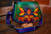 Handcrafted Leather Bag - Green Botanical Design with Adjustable Strap and Suede Lining - Lotus Leather