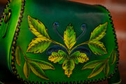 Handcrafted Leather Bag - Green Botanical Design with Adjustable Strap and Suede Lining - Lotus Leather