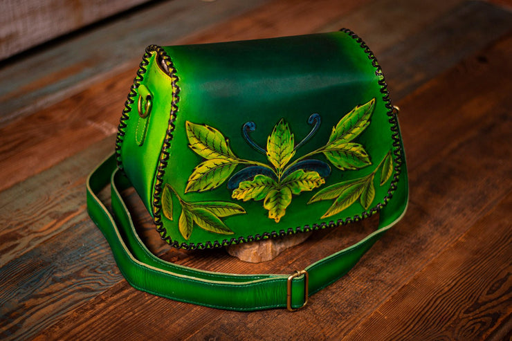 Handcrafted Leather Bag - Green Botanical Design with Adjustable Strap and Suede Lining - Lotus Leather