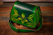 Handcrafted Leather Bag - Green Botanical Design with Adjustable Strap and Suede Lining - Lotus Leather