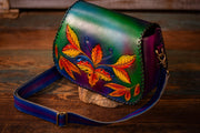 Handcrafted Leather Bag - Green Botanical Design with Adjustable Strap and Suede Lining - Lotus Leather