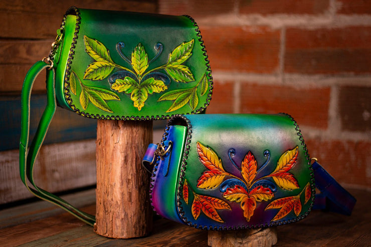 Handcrafted Leather Bag - Green Botanical Design with Adjustable Strap and Suede Lining - Lotus Leather