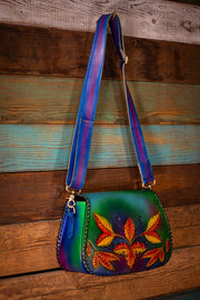 Handcrafted Leather Bag - Green Botanical Design with Adjustable Strap and Suede Lining - Lotus Leather