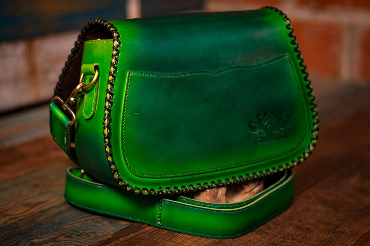 Handcrafted Leather Bag - Green Botanical Design with Adjustable Strap and Suede Lining - Lotus Leather