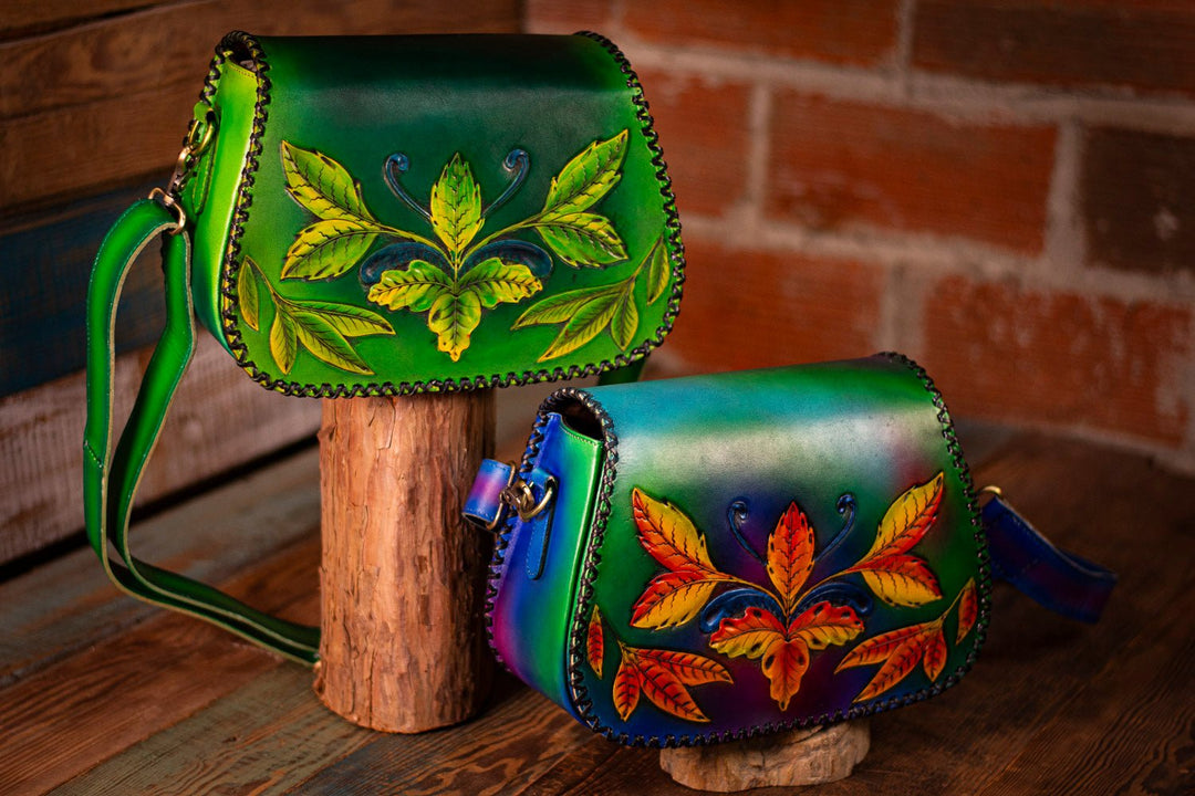 Women's Colorful Leather Shoulder Bag - Handbag With Leaf Stitching, Adjustable Strap (Multicolor)