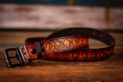 Handcrafted Leather Belt with Stealie, Terrapins, Dancing Bears & Bertha - Faded Brown - Lotus Leather