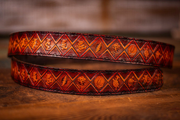 Handcrafted Leather Belt with Stealie, Terrapins, Dancing Bears & Bertha - Faded Brown - Lotus Leather