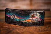 Handcrafted Leather Bifold Wallet - Bigfoot on UFO with Moonlit Mountains and Aurora Borealis - Cryptid and UFO - Inspired Wallet - Lotus Leather