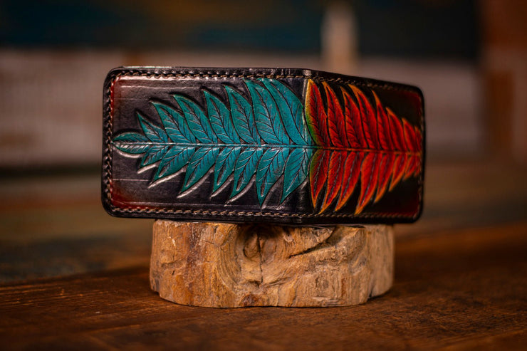 Handcrafted Leather Bifold Wallet - “Fire and Ice” Botanical Fern Design - Card Slots & Cash Section - Lotus Leather