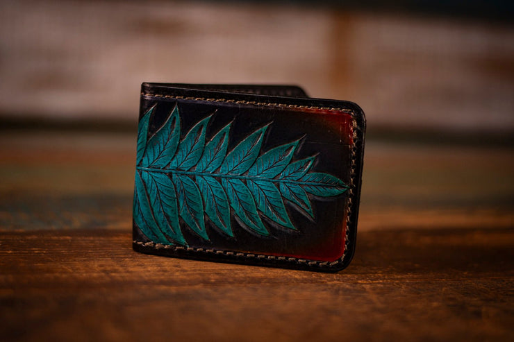 Handcrafted Leather Bifold Wallet - “Fire and Ice” Botanical Fern Design - Card Slots & Cash Section - Lotus Leather