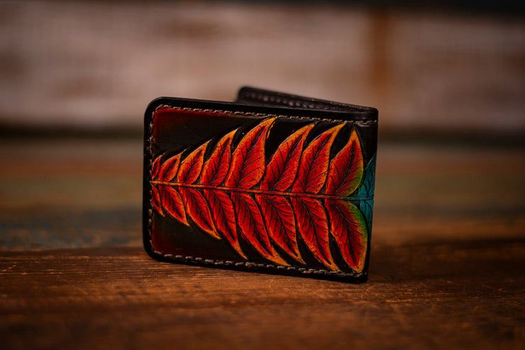 Handcrafted Leather Bifold Wallet - “Fire and Ice” Botanical Fern Design - Card Slots & Cash Section - Lotus Leather