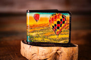 Handcrafted Leather Bifold Wallet - Hot Air Balloons Over Countryside - Customizable Balloon Colors and Optional Chase Vehicle - Lotus Leather