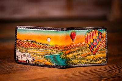 Handcrafted Leather Bifold Wallet - Hot Air Balloons Over Countryside - Customizable Balloon Colors and Optional Chase Vehicle - Lotus Leather