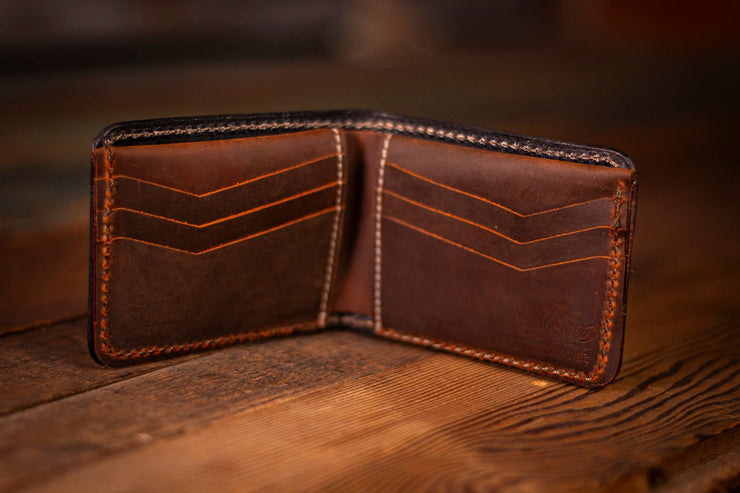 Handcrafted Leather Bifold Wallet - Trout Design for Fishing and Nature Enthusiasts - 6 Card Slots and Cash Section - Lotus Leather