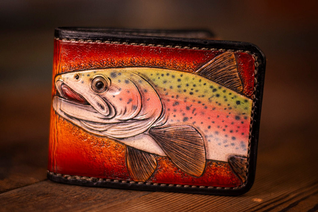 Hand Tooled Leather Business/Credit Card Wallet with Trout shops