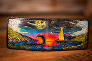 Handcrafted Leather Bifold Wallet - UFO and Nessie Scene Under Full Moon - Cryptid and Paranormal - Inspired Wallet - Lotus Leather