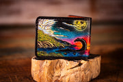 Handcrafted Leather Bifold Wallet - UFO and Nessie Scene Under Full Moon - Cryptid and Paranormal - Inspired Wallet - Lotus Leather