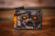 Handcrafted Leather Bifold Wallet - Werewolf Cryptid with Glow - in - the - Dark Moon and Eyes - Paranormal - Inspired Wallet - Lotus Leather