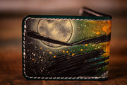 Handcrafted Leather Bifold Wallet - Werewolf Cryptid with Glow - in - the - Dark Moon and Eyes - Paranormal - Inspired Wallet - Lotus Leather