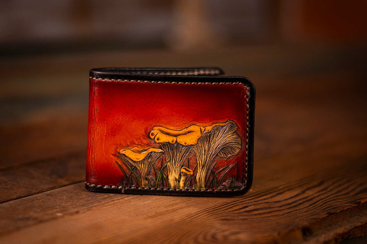 Handcrafted Leather Bifold Wallet - Wild Chanterelle Mushrooms Design for Foragers and Nature Lovers - 6 Card Slots and Cash Section - Lotus Leather