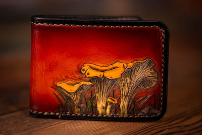 Handcrafted Leather Bifold Wallet - Wild Chanterelle Mushrooms Design for Foragers and Nature Lovers - 6 Card Slots and Cash Section - Lotus Leather