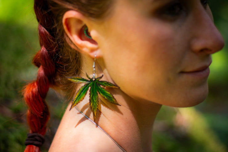 Handcrafted Leather Cannabis Leaf Earrings - Green - Artistic Marijuana - Inspired Jewelry - Lotus Leather