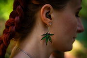 Handcrafted Leather Cannabis Leaf Earrings - Green - Artistic Marijuana - Inspired Jewelry - Lotus Leather