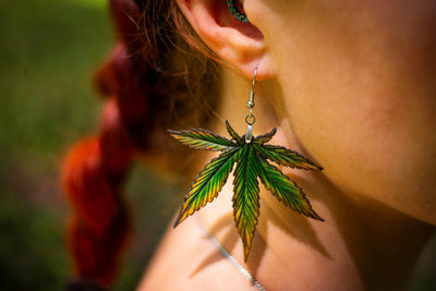 Handcrafted Leather Cannabis Leaf Earrings - Green - Artistic Marijuana - Inspired Jewelry - Lotus Leather