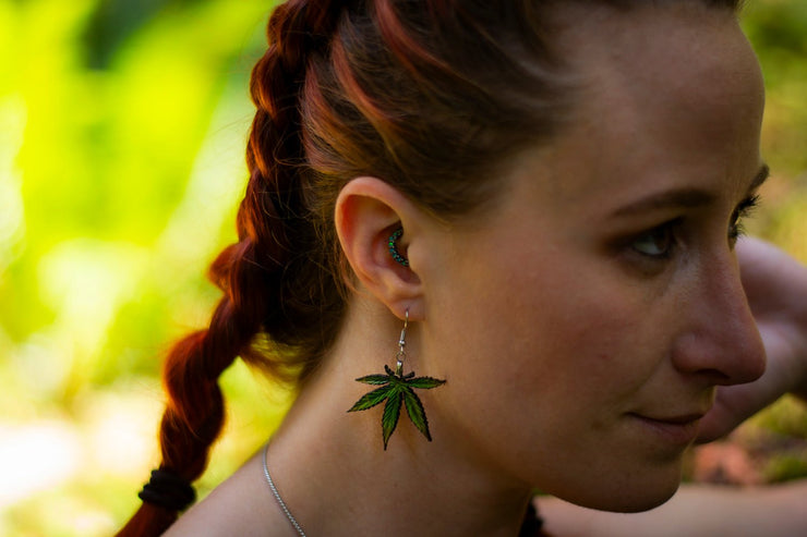 Handcrafted Leather Cannabis Leaf Earrings - Green - Artistic Marijuana - Inspired Jewelry - Lotus Leather