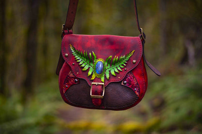 Handcrafted Leather Crossbody Bag – Emberwood Fantasy Forest Faerie Bag with 3D Fern & Inlaid Labradorite - Lotus Leather
