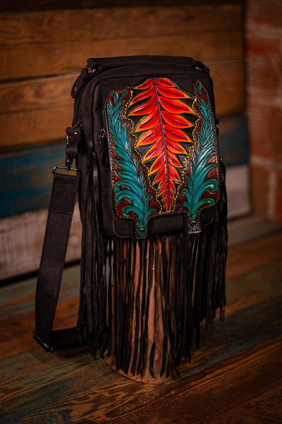 Handcrafted Leather Crossbody Bag with “Fire and Ice” Botanical Fern Design - Adjustable Strap, Fringe, and Multiple Pockets - Lotus Leather