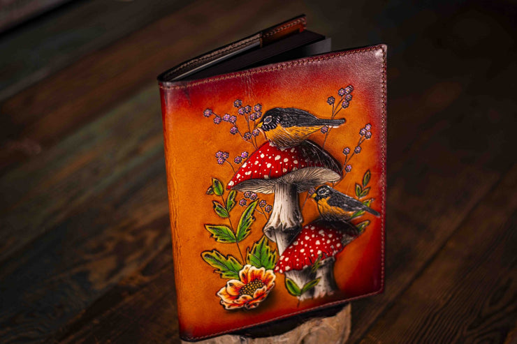 Handcrafted Leather Journal - Amanita Mushrooms and Robin Birds - Brown Background with Unlined Art Paper - Lotus Leather