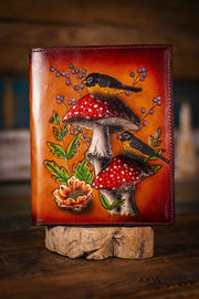 Handcrafted Leather Journal - Amanita Mushrooms and Robin Birds - Brown Background with Unlined Art Paper - Lotus Leather