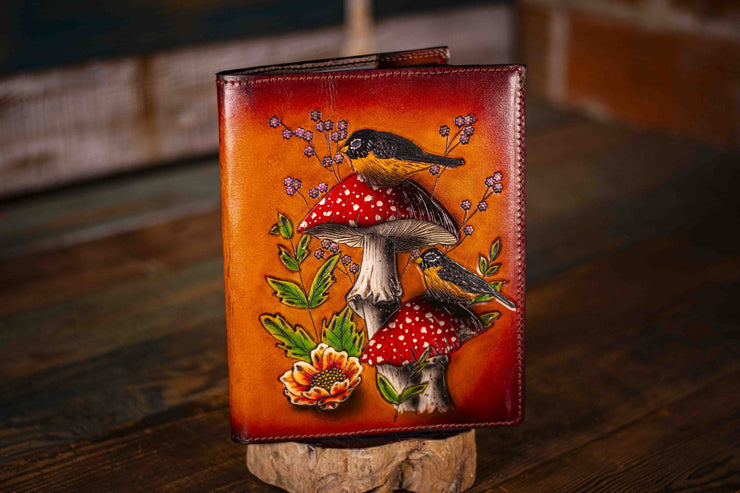 Handcrafted Leather Journal - Amanita Mushrooms and Robin Birds - Brown Background with Unlined Art Paper - Lotus Leather