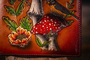 Handcrafted Leather Journal - Amanita Mushrooms and Robin Birds - Brown Background with Unlined Art Paper - Lotus Leather