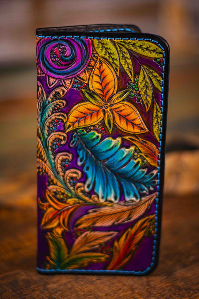 Handcrafted Leather Ladies Wallet - Botanical, Floral, and Feathery Design in Vibrant Colors with Black Interior - Lotus Leather