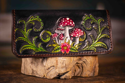 Handcrafted Leather Ladies Wallet - Dark Forest Botanical Design with Fern and Amanita Mushrooms - Lotus Leather