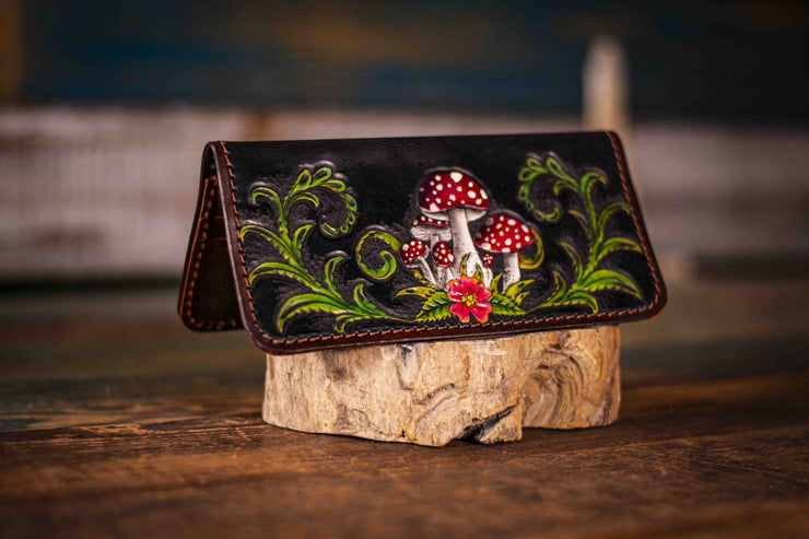 Handcrafted Leather Ladies Wallet - Dark Forest Botanical Design with Fern and Amanita Mushrooms - Lotus Leather