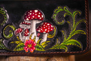 Handcrafted Leather Ladies Wallet - Dark Forest Botanical Design with Fern and Amanita Mushrooms - Lotus Leather