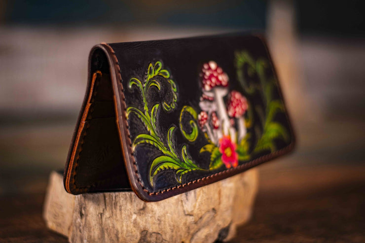 Handcrafted Leather Ladies Wallet - Dark Forest Botanical Design with Fern and Amanita Mushrooms - Lotus Leather