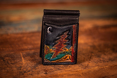 Handcrafted Leather Money Clip Wallet - Deadhead Lightning Bolt with Moonlit Lake and Mountain Scene - Minimalist Wallet with Card Slots - Lotus Leather