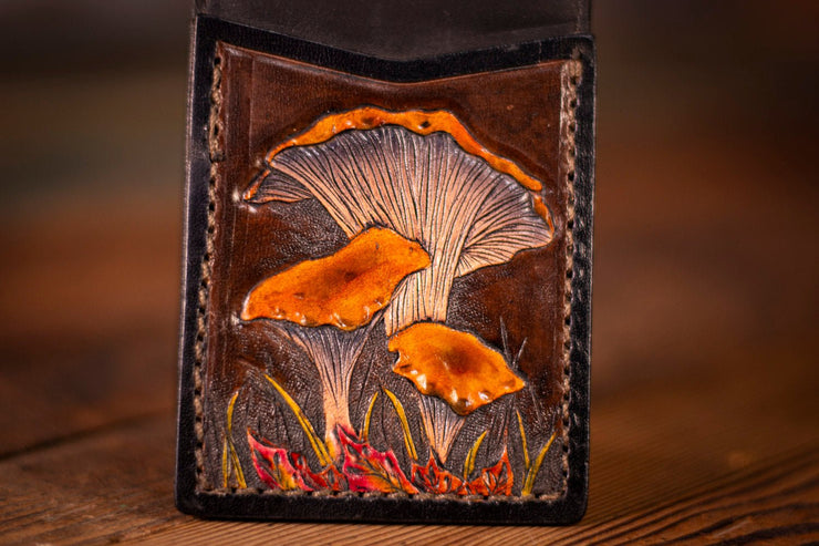 Handcrafted Leather Money Clip Wallet - Wild Chanterelle Mushrooms Design for Foragers and Nature Enthusiasts - Lotus Leather